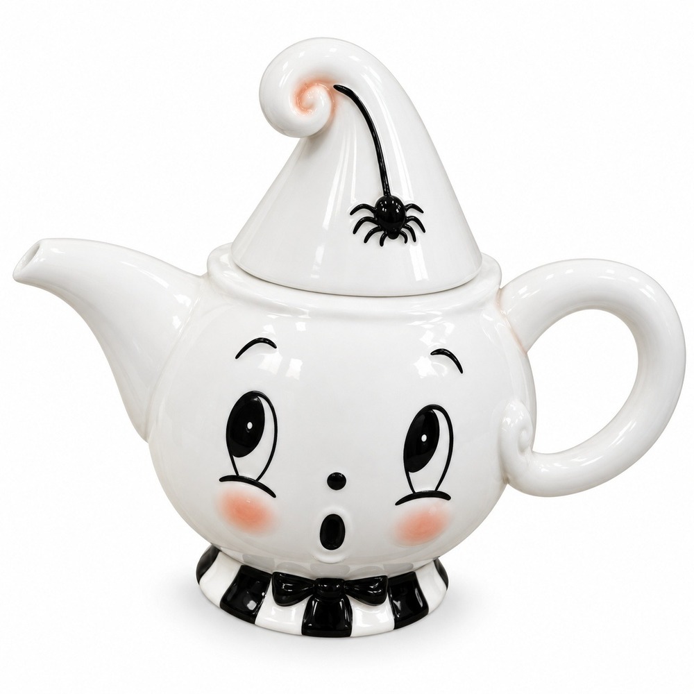 Johanna Parker Spooky Ghost Teapot Halloween Ceramic White Black Collectible NEW